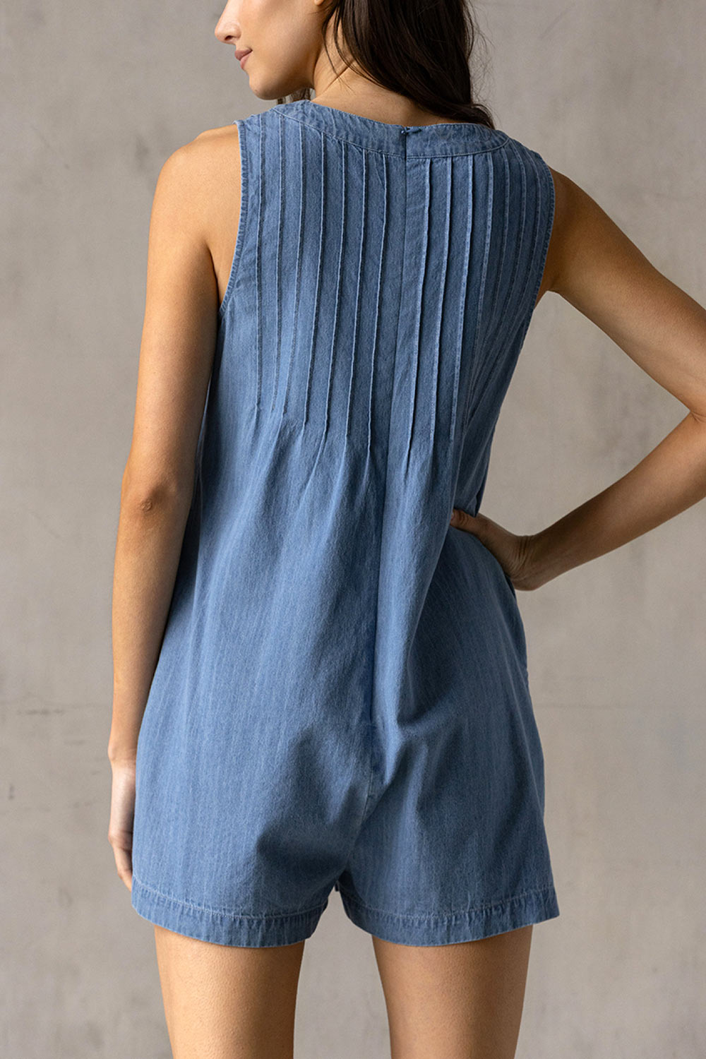 Dnipro Denim Romper with Pockets and Pleats | La petite garçonne back model