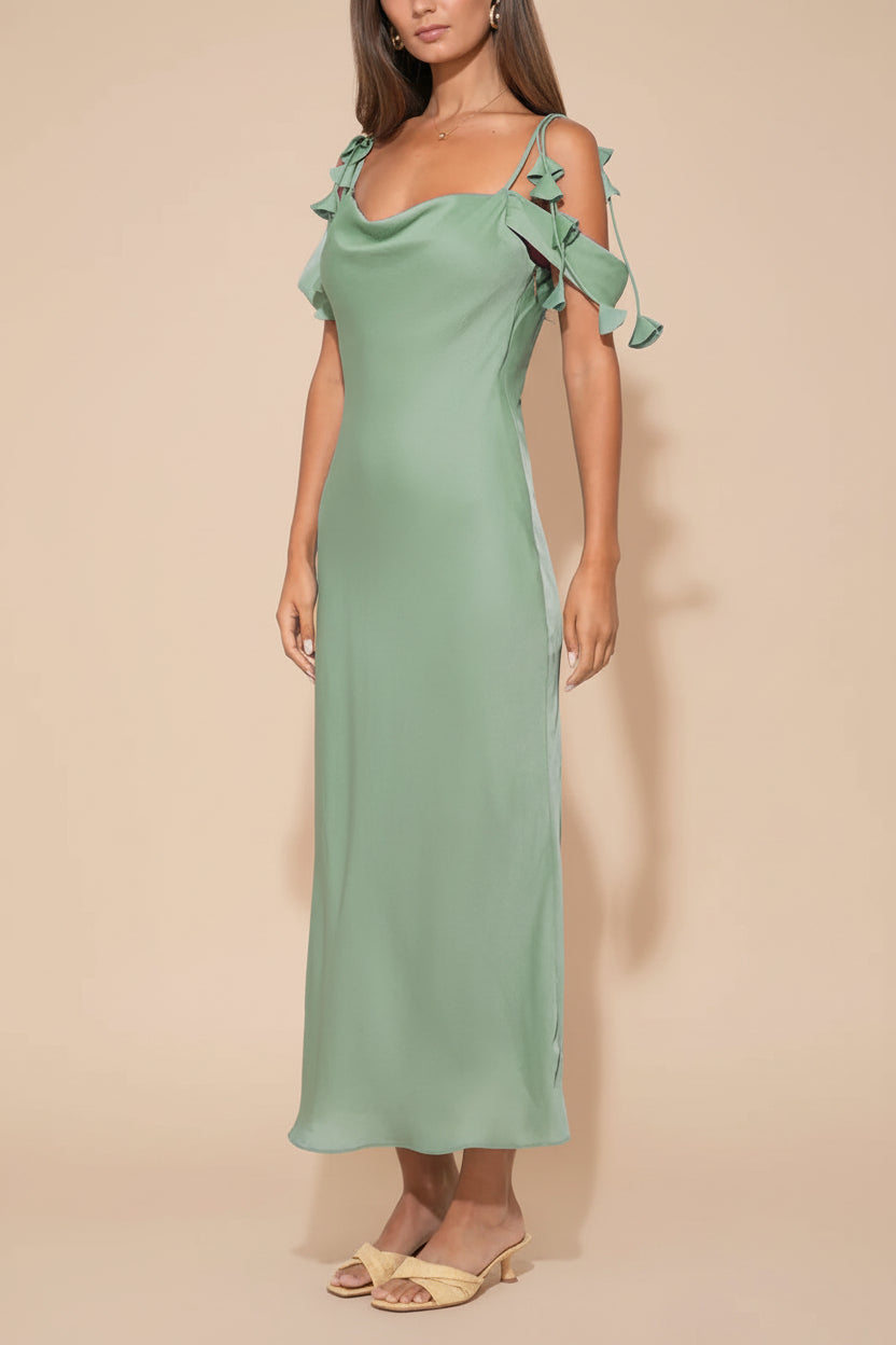 side of a woman wearing Donatella Off-the-Shoulder Green Midi Dress from Boutique 1861