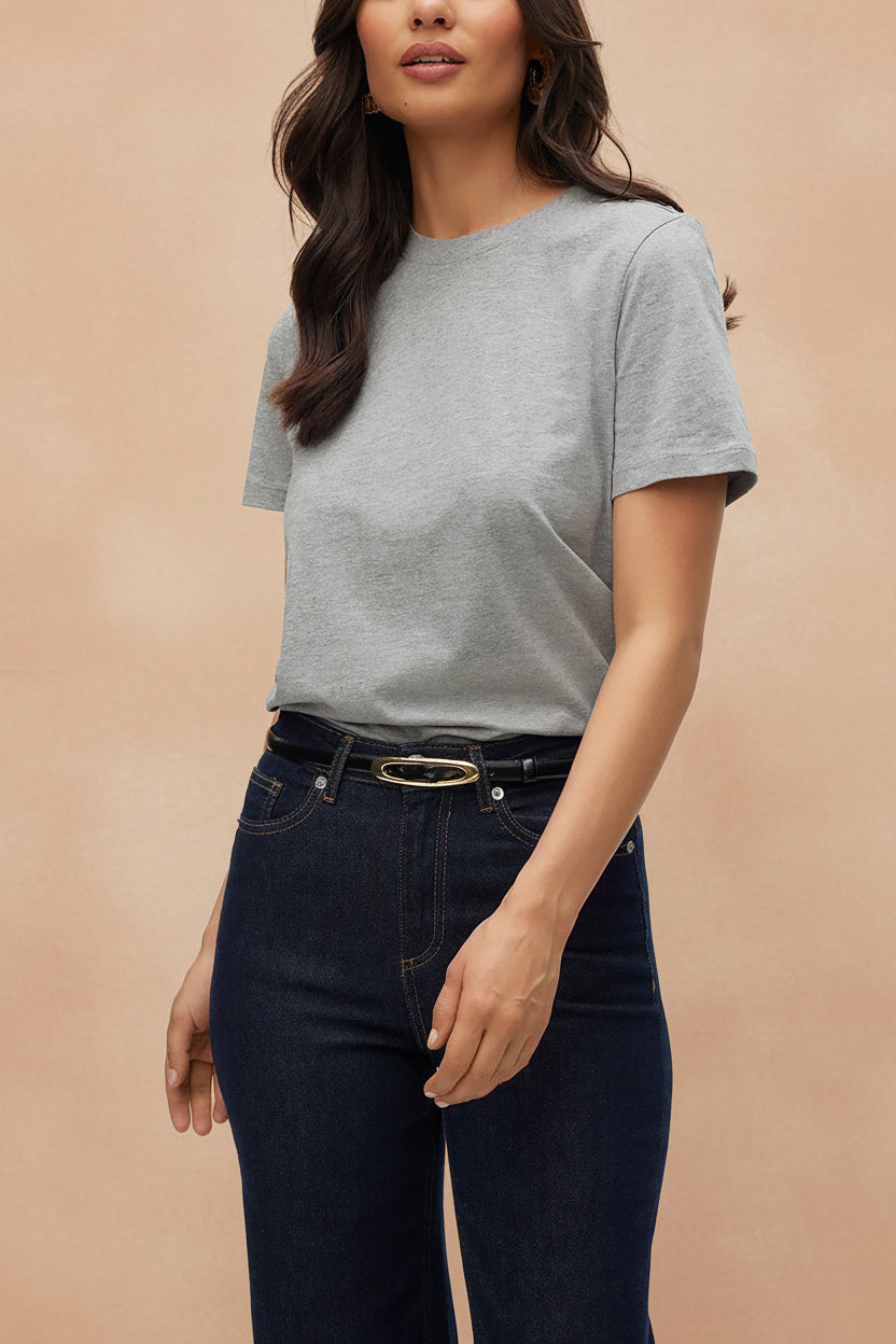 front view of a woman wearing Dumka Light Grey Cotton T-Shirt with Short Sleeves from La petite garçonne