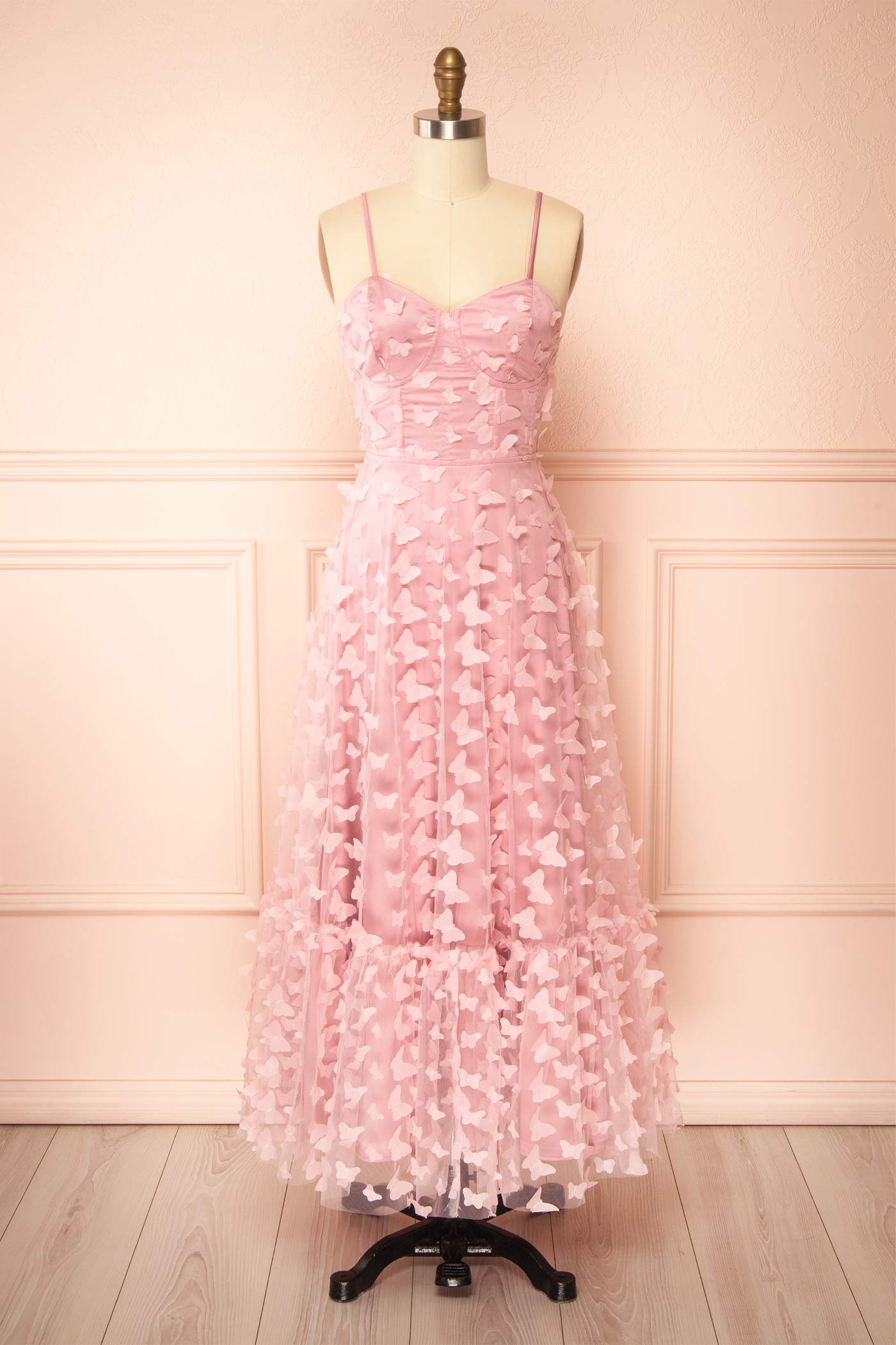 Dalvia Pink Midi Dress with 3D Butterfly Appliqués | Boutique 1861 front view