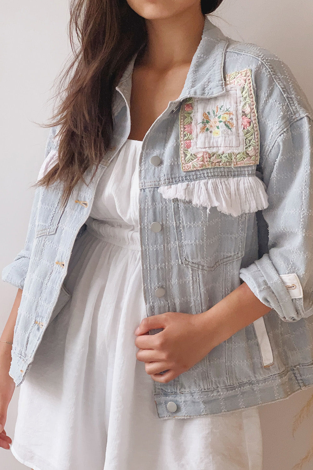 Lisbon Blue Oversized Denim Jacket w/ Embroidery | La petite garçonne on model