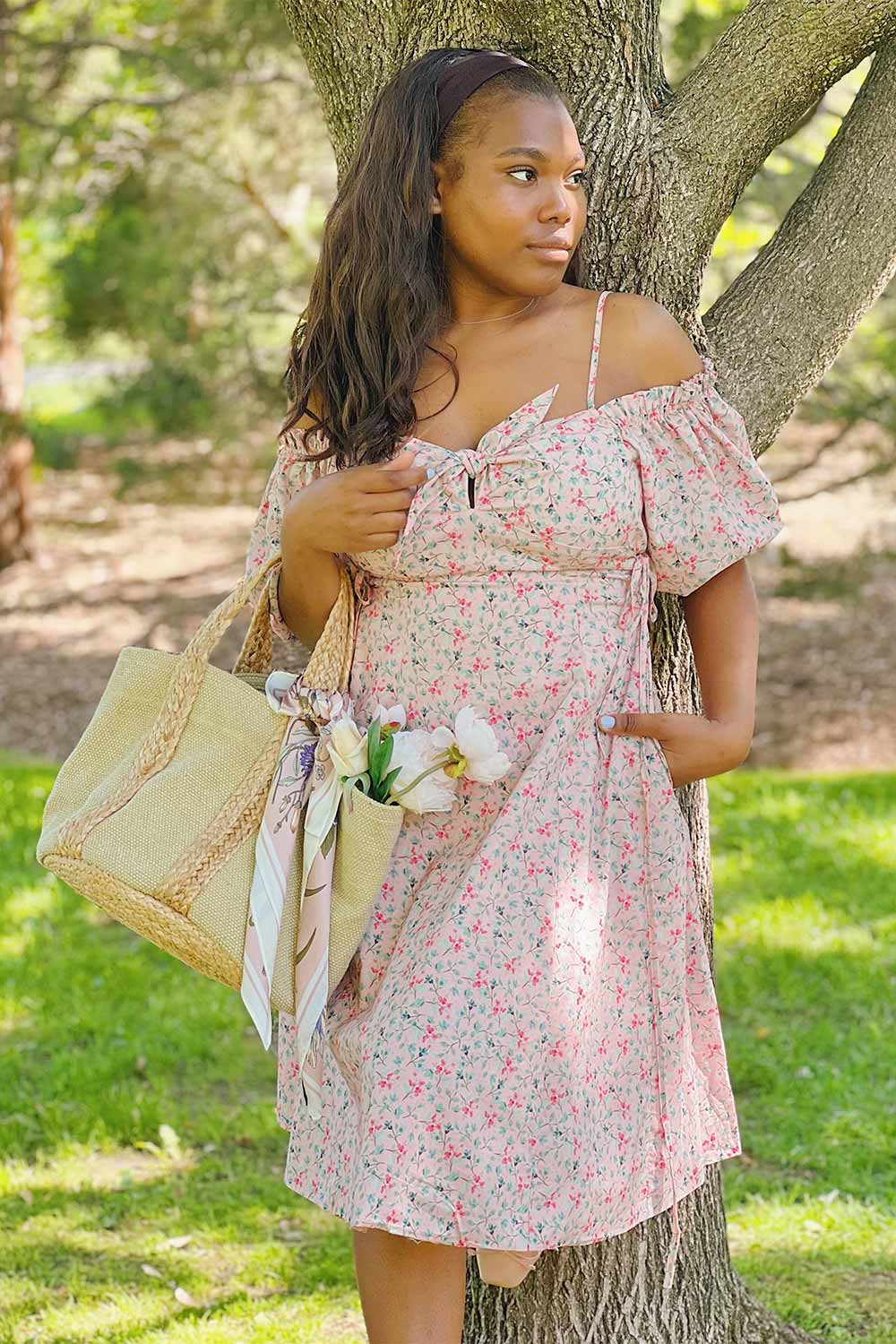Daphnie Short Floral Dress w/ Corset Side Ties | Boutique 1861 on model