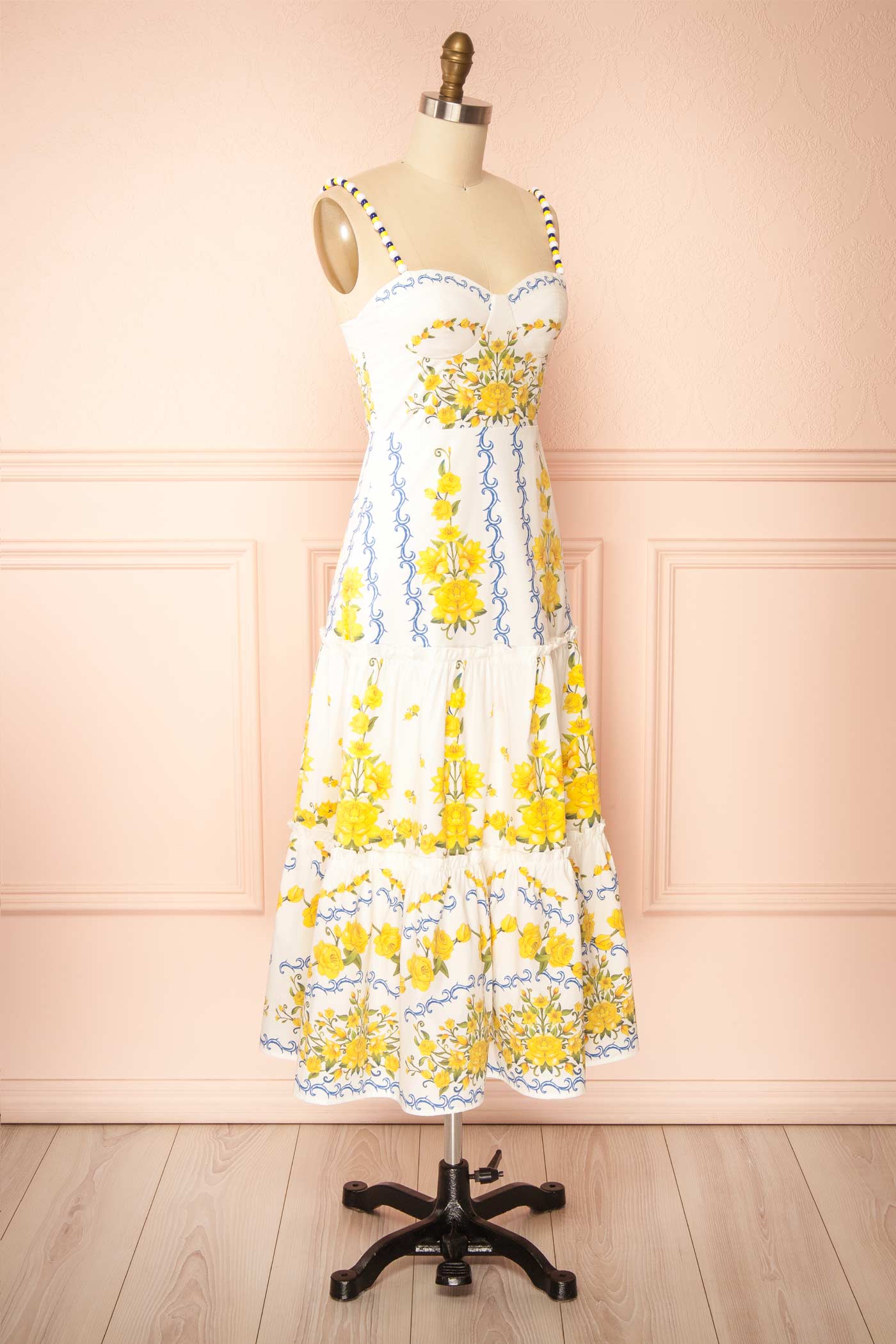 Delaine White Floral Print Midi Dress with Smocked Back | Boutique 1861 side view