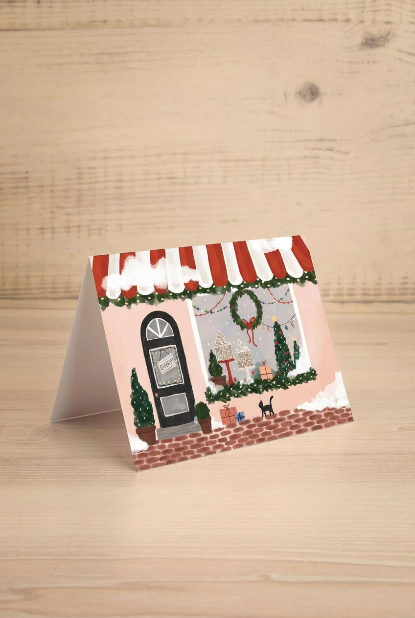 Illustration of a festive store front with Christmas decorations from mimim & august