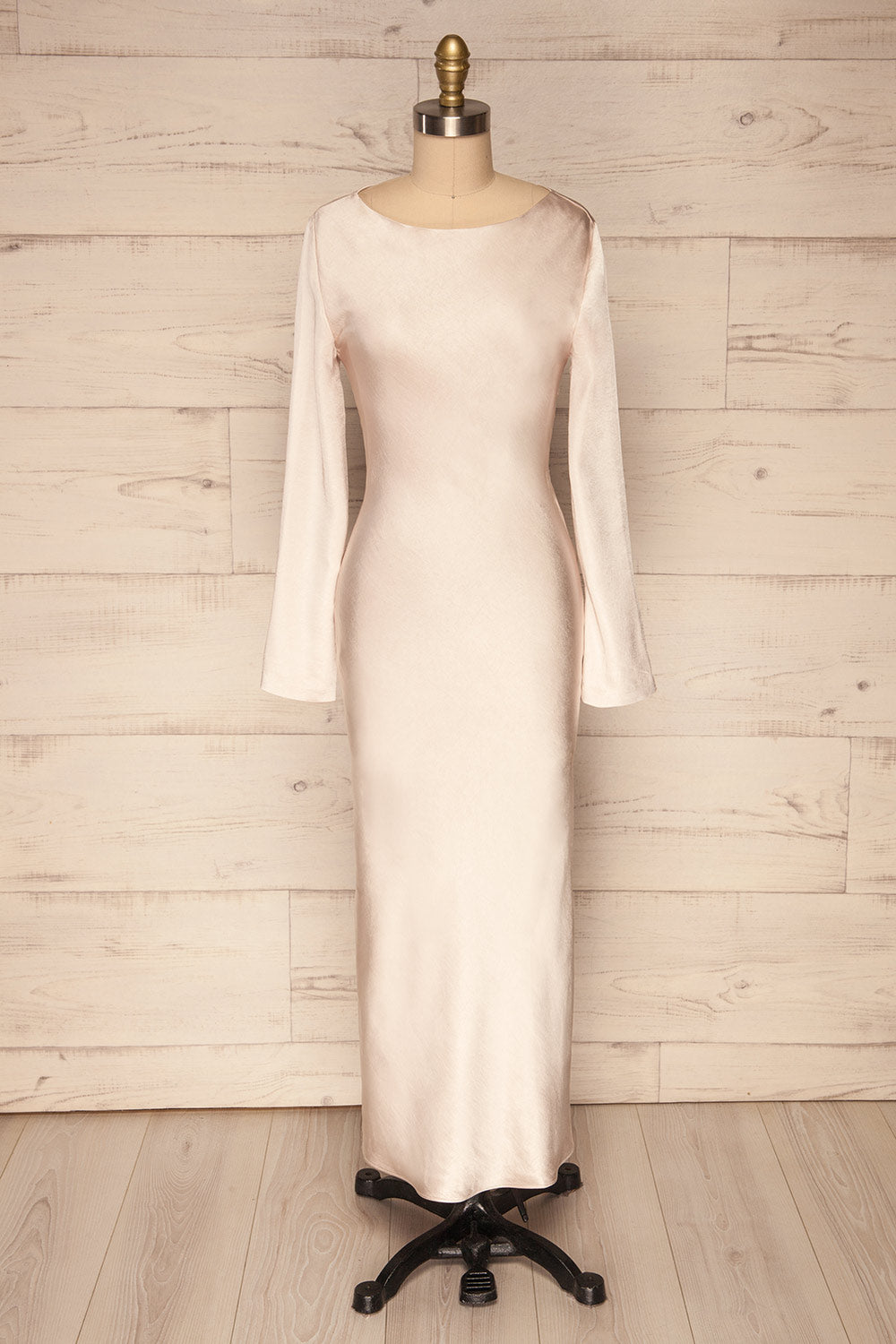 Dhraviskos Champagne Satin Midi Flare Dress | La Petite Garçonne front view