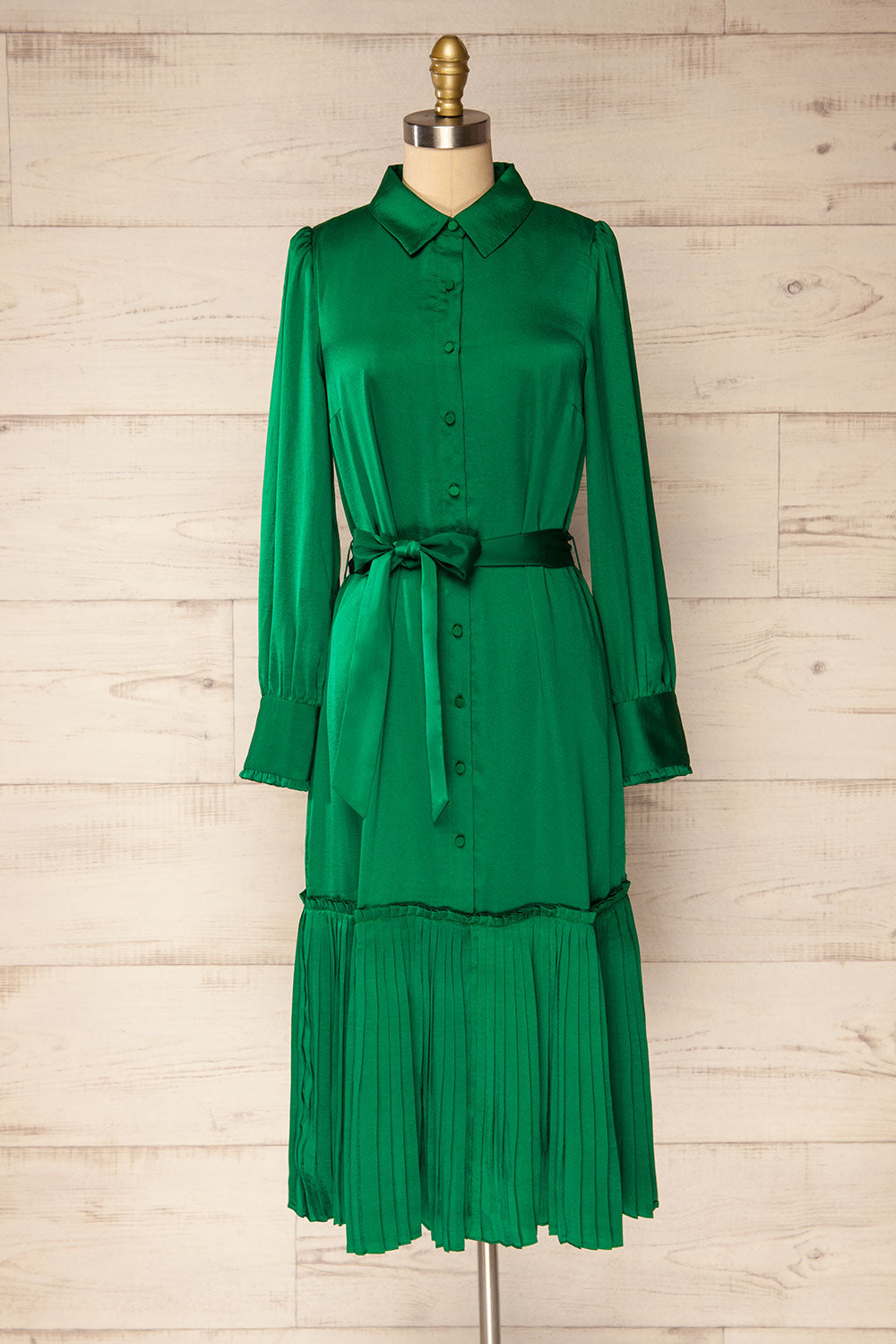 Doha Green Satin Midi Dress w/ Belt | La petite garçonne front view