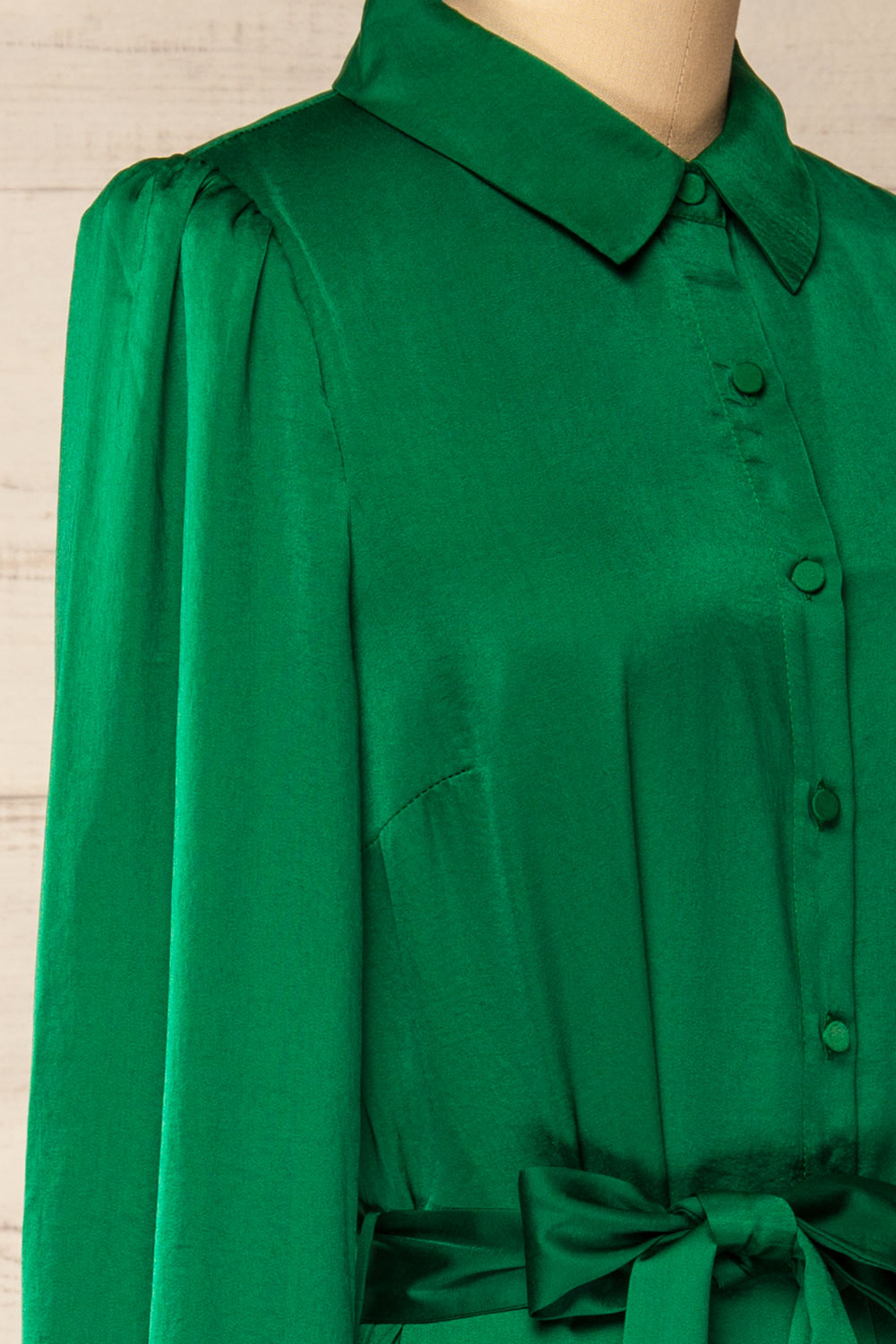 Doha Green Satin Midi Dress w/ Belt | La petite garçonne side close-up