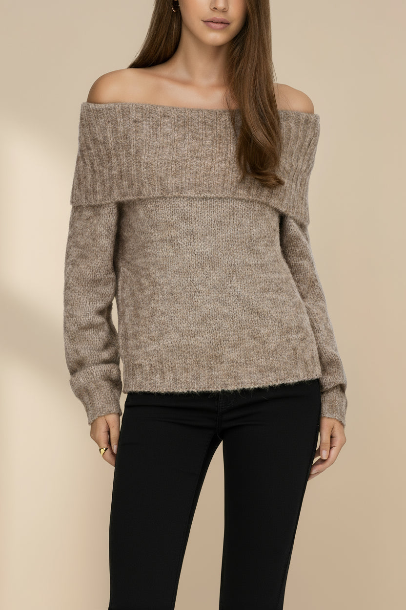 Edfou Taupe Oversized Off-Shoulder Sweater | La petite garçonne front model
