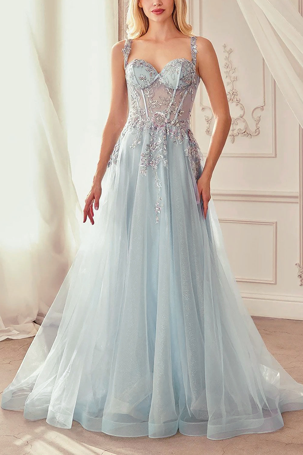 front of a woman wearing Emerie Blue Translucent A-Line Corset Dress from Boutique 1861