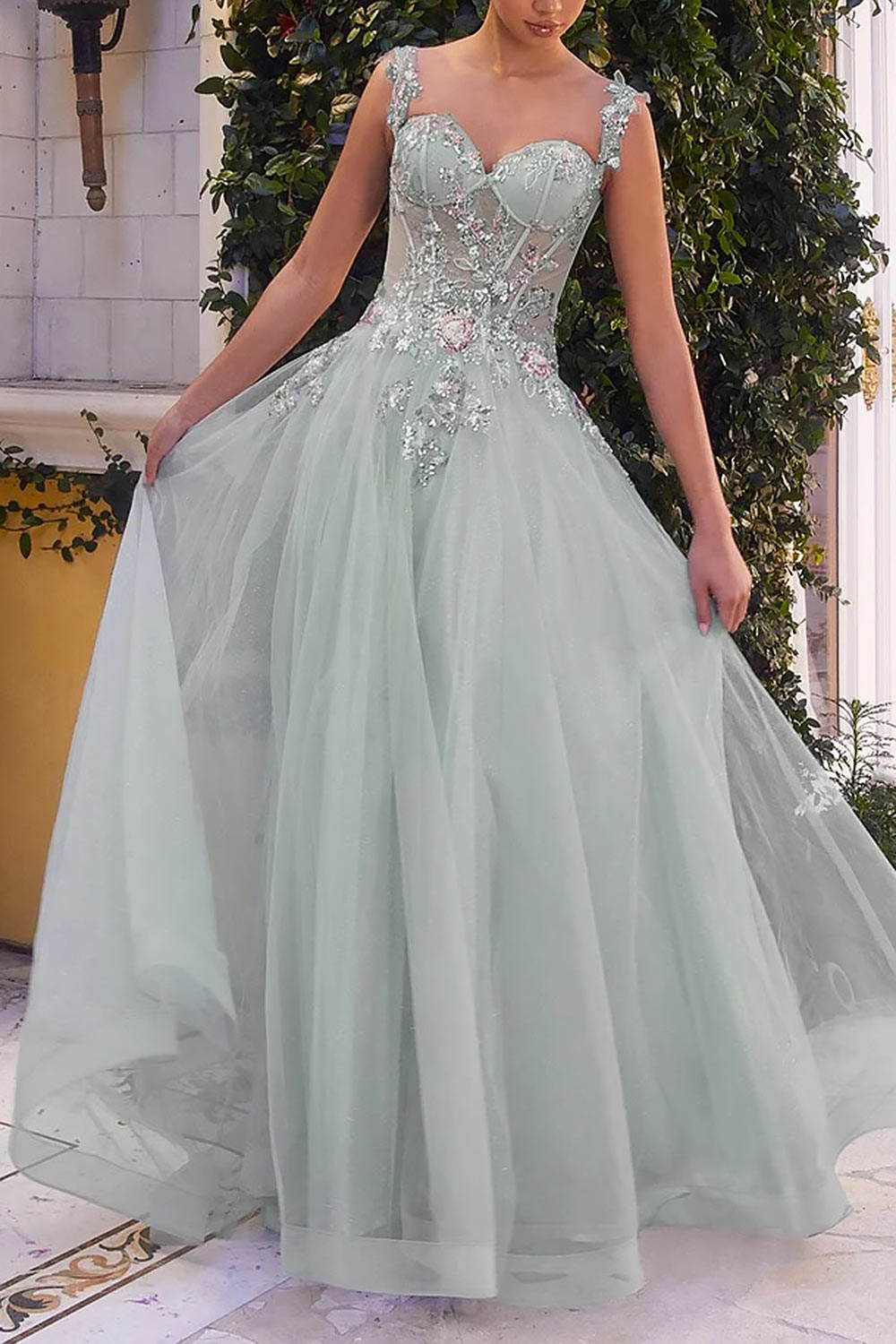 front of a woman wearing Emerie Sage Translucent A-Line Corset Dress | Boutique 1861