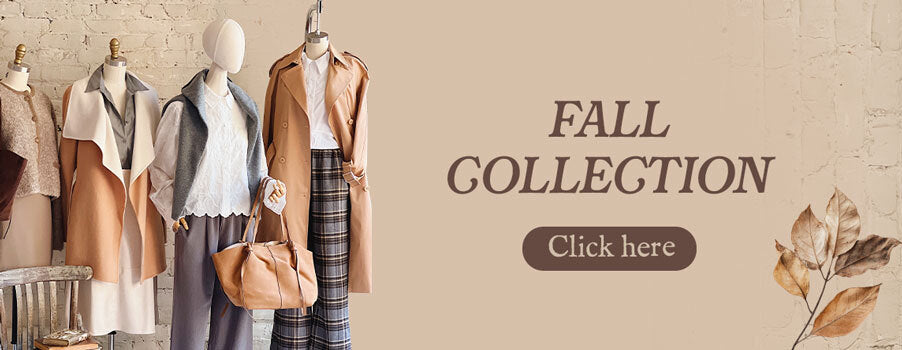 Fall clothing collection with mannequins and text on a beige background