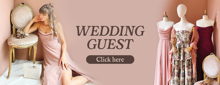 Woman in a pink dress sitting on a chair with mannequins wearing dresses in the background, text 'WEDDING GUEST Click here' on a pink background.