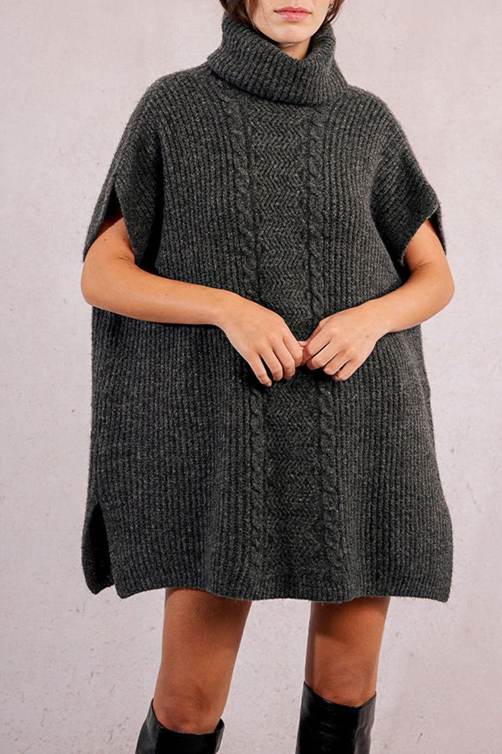 woman wearing Erzurum Grey Knit Turtleneck Poncho | La petite garçonne front view
