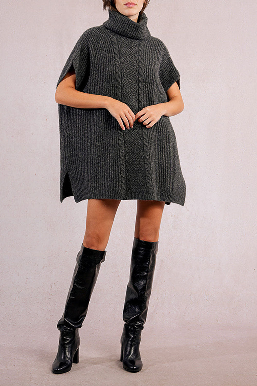 woman wearing Erzurum Grey Knit Turtleneck Poncho | La petite garçonne front view