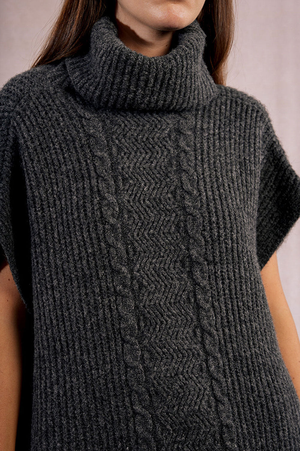 woman wearing Erzurum Grey Knit Turtleneck Poncho | La petite garçonne closeup
