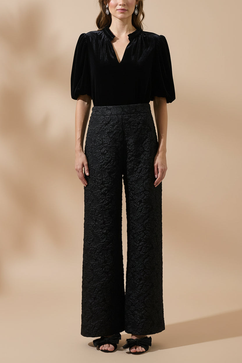 Essex Black Textured Wide-Leg Pants | La petite garçonne front model