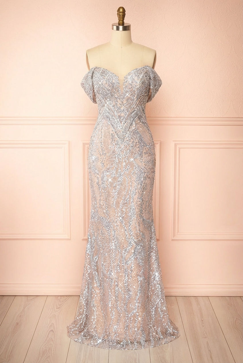 Frontview of Eeverleigh , a sparkling evening gown with details from Boudoir 1861