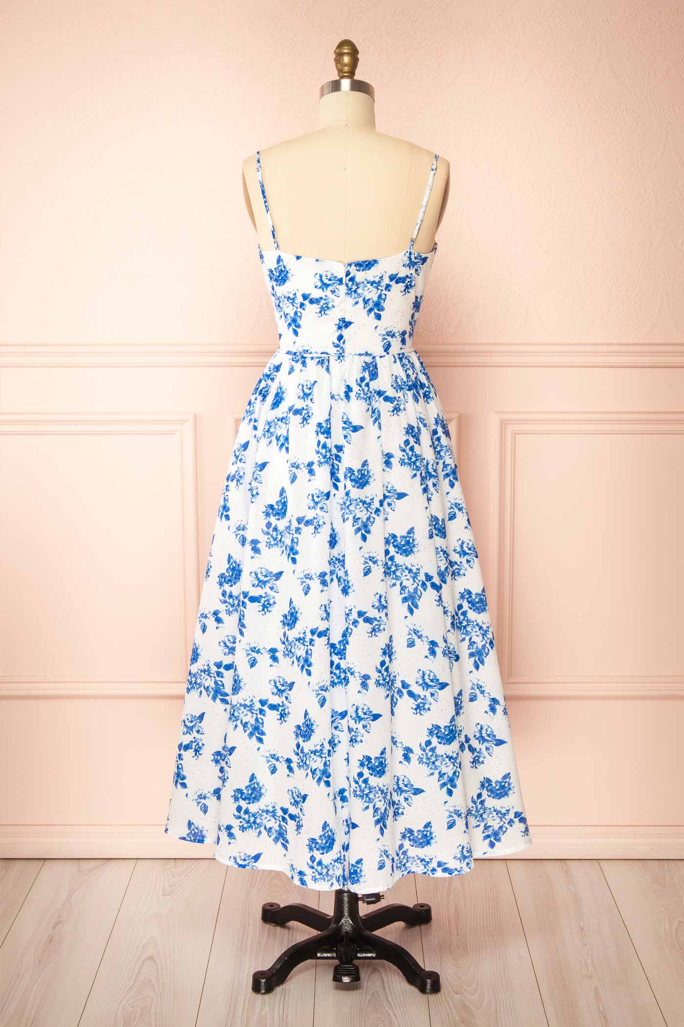 Elasie White Corset Maxi Dress with Blue Floral Pattern | Boutique 1861 back view