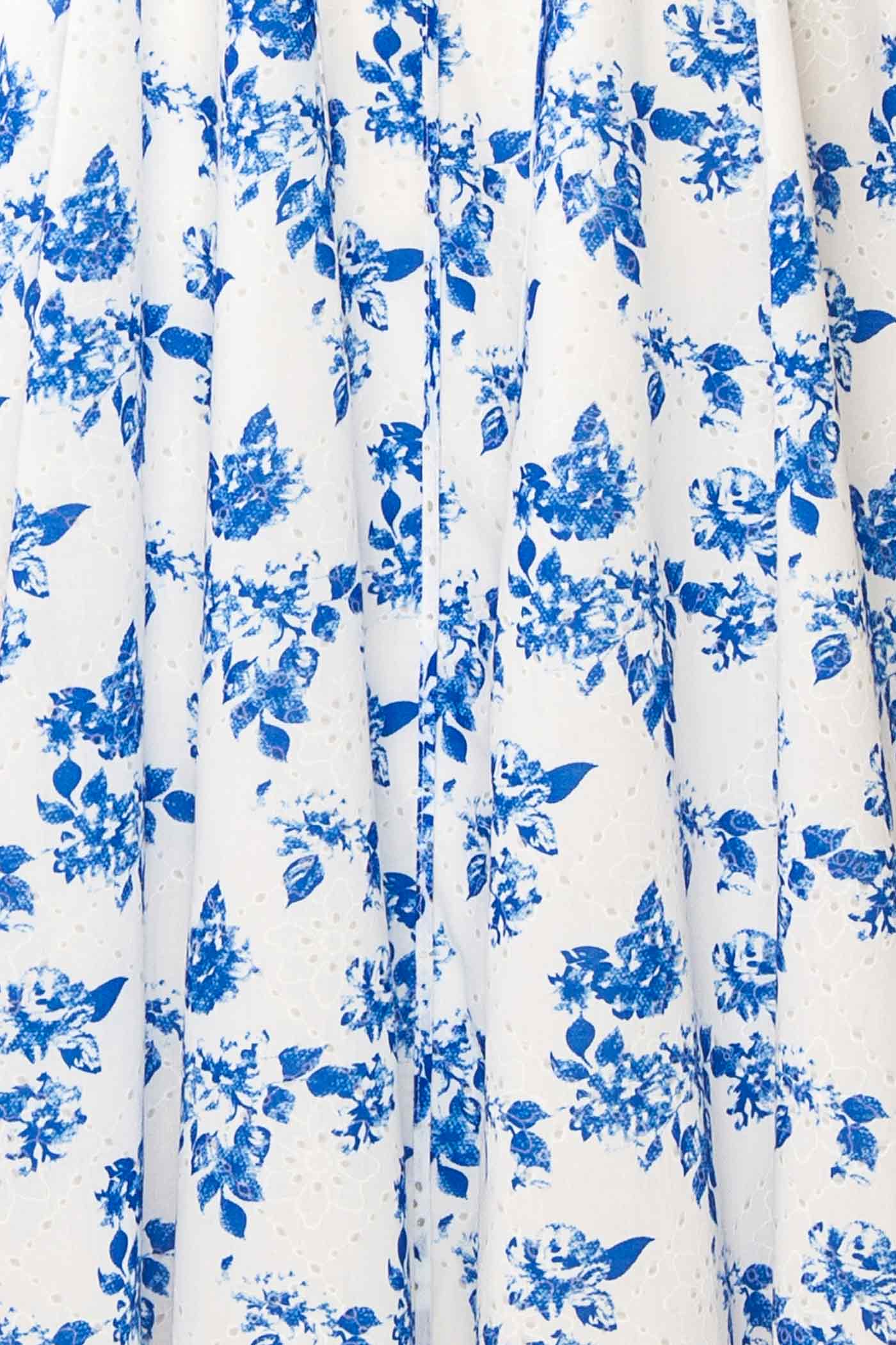 Elasie White Corset Maxi Dress with Blue Floral Pattern | Boutique 1861 zoom-in pattern details