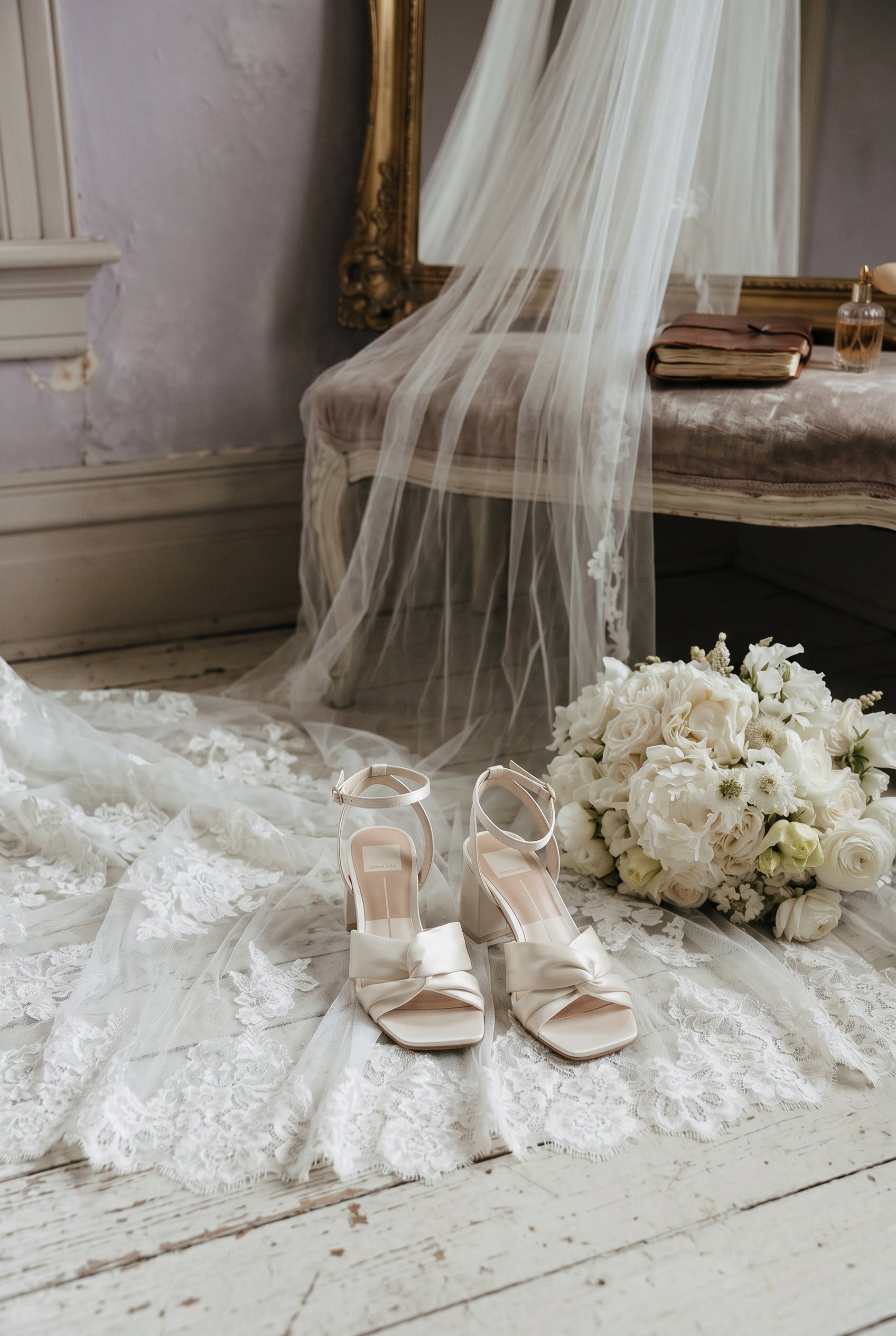 photo in a room of Brenna Ivory Satin Block Heel Sandals with Knot Detail at boutique 1861