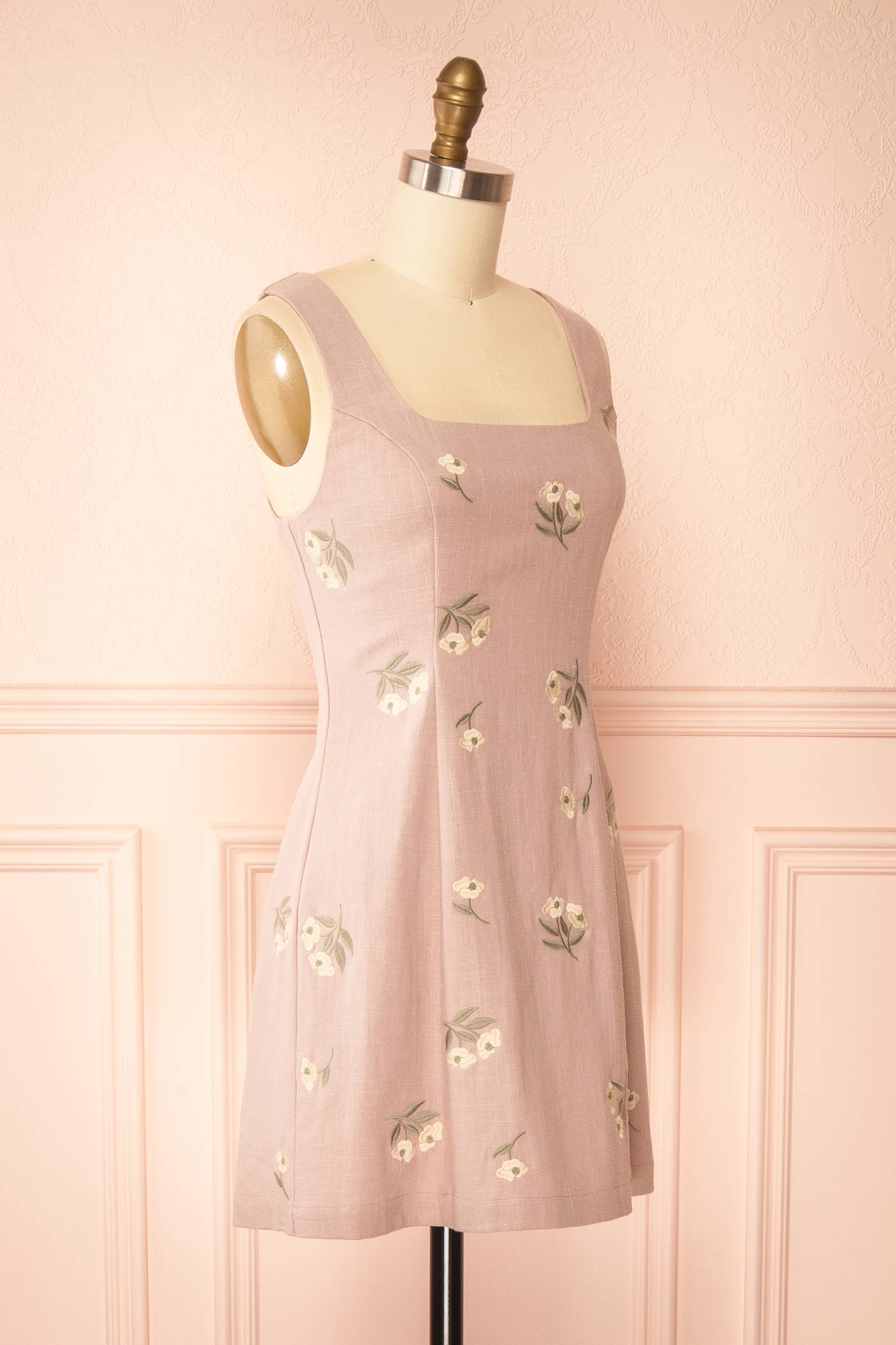 Elmyre Lilac Embroidered Open Back Linen-Blend Mini Dress | Boutique 1861 side view