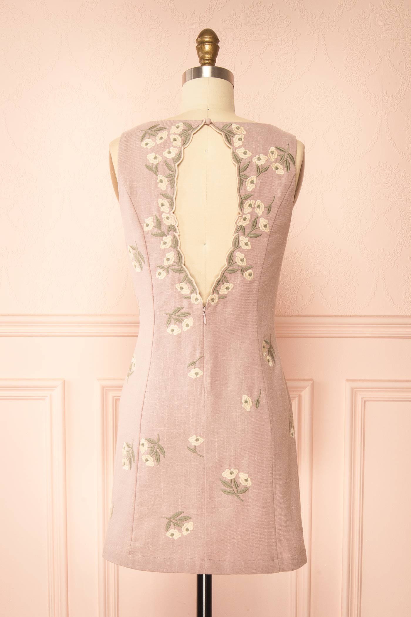 Elmyre Lilac Embroidered Open Back Linen-Blend Mini Dress | Boutique 1861 back view