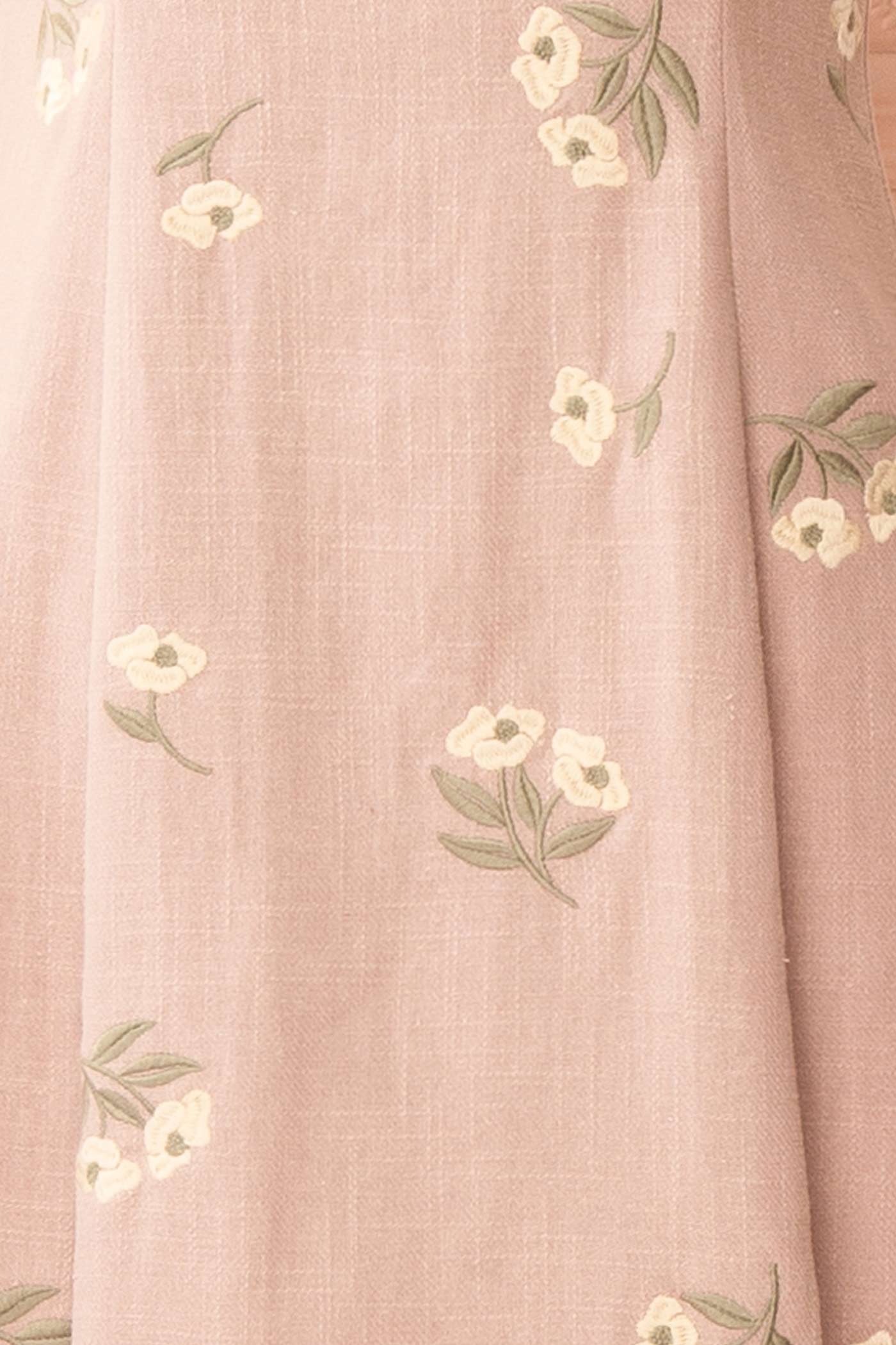Elmyre Lilac Embroidered Open Back Linen-Blend Mini Dress | Boutique 1861 zoom-in detailed flower pattern