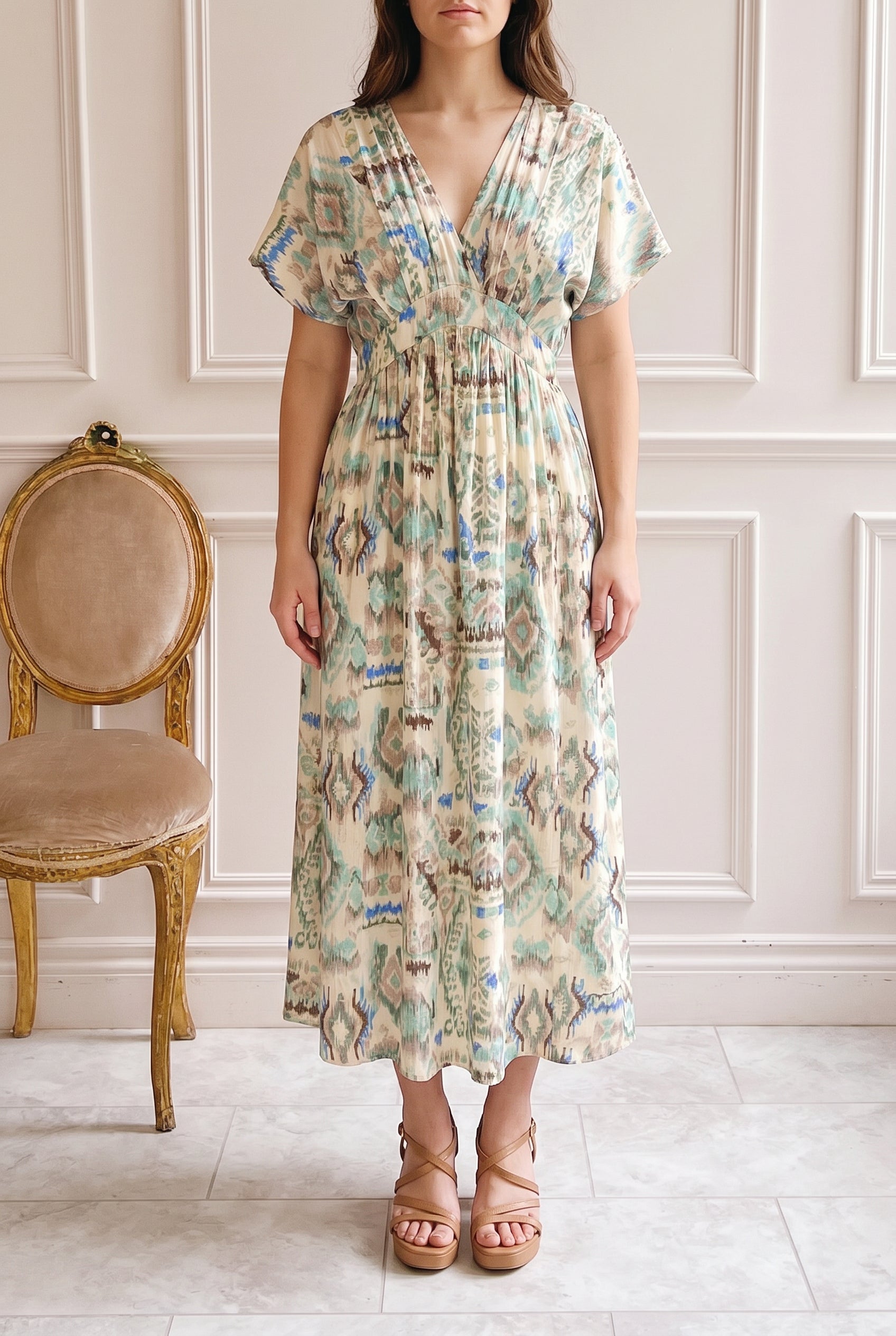 model wearing Eucharis Midi Dress with Ethnic Pattern at la boutique 1861