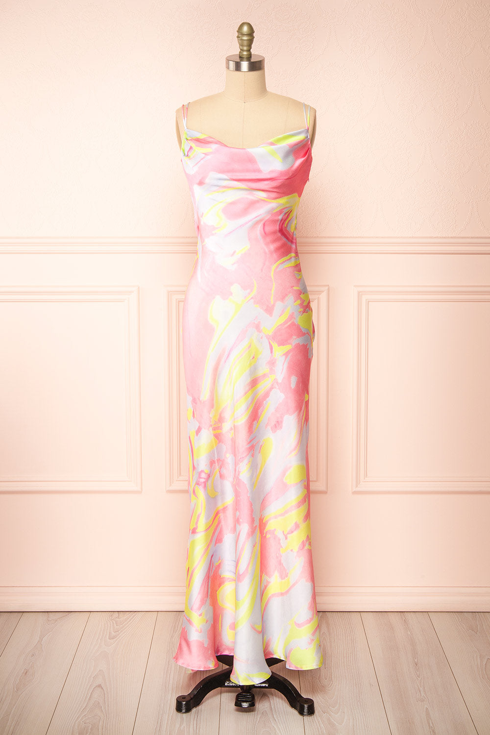 Eulaly Satin Maxi Dress w/ Colorful Marbled Motif | Boutique 1861 front view 