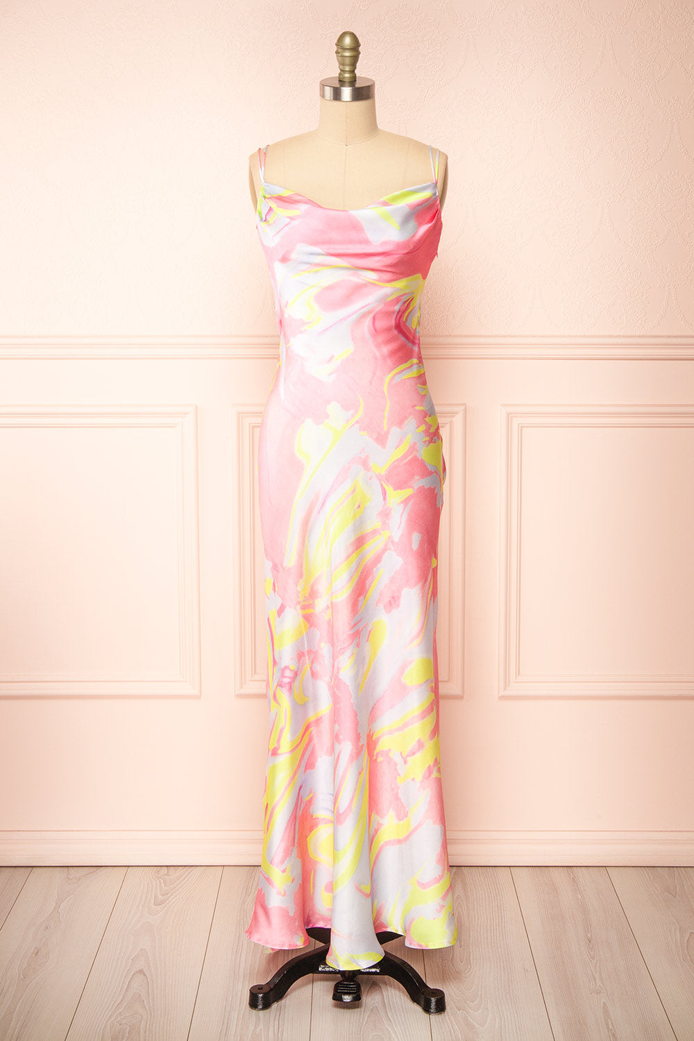 Eulaly Satin Maxi Dress w/ Colorful Marbled Motif | Boutique 1861 front view