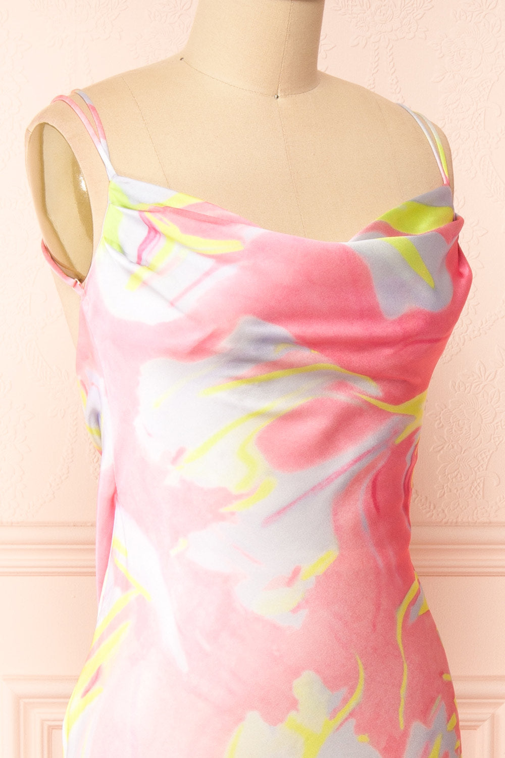 Eulaly Satin Maxi Dress w/ Colorful Marbled Motif | Boutique 1861 side close-up