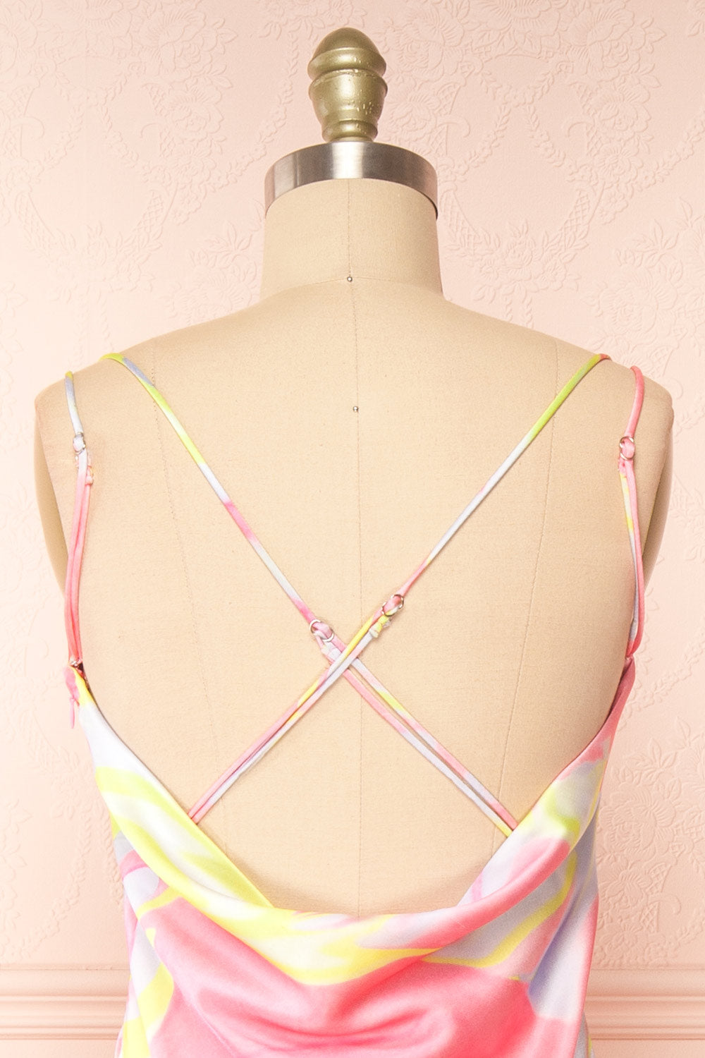 Eulaly Satin Maxi Dress w/ Colorful Marbled Motif | Boutique 1861 back close-up