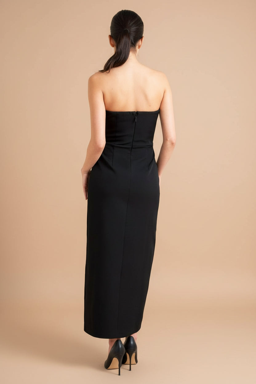 back of a woman wearing Francy Black Midi Dress with Front Slit from Boutique 1861