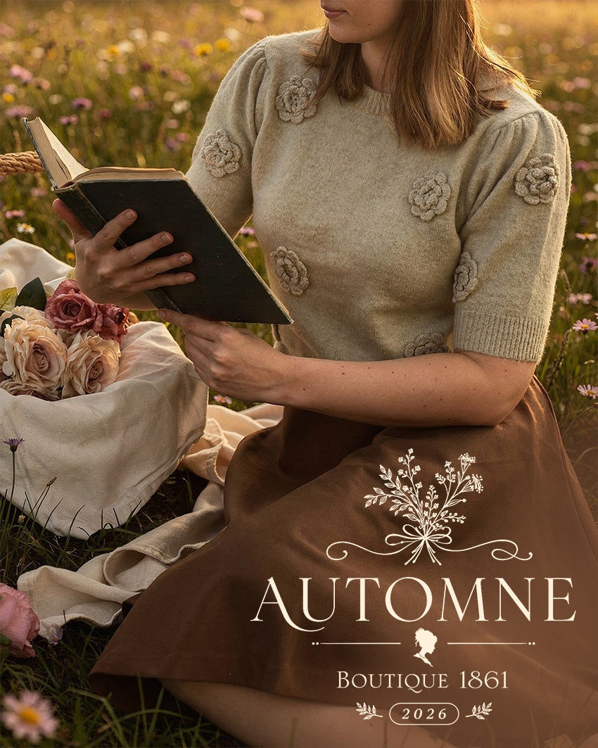 Femme portant un tricot à fleurs et une jupe brune pour l’Automne 2026 de Boutique 1861