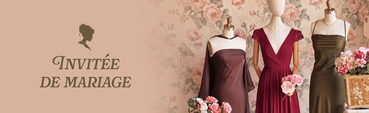 Robes longues bourgogne, brune et vert olive pour invitée de mariage