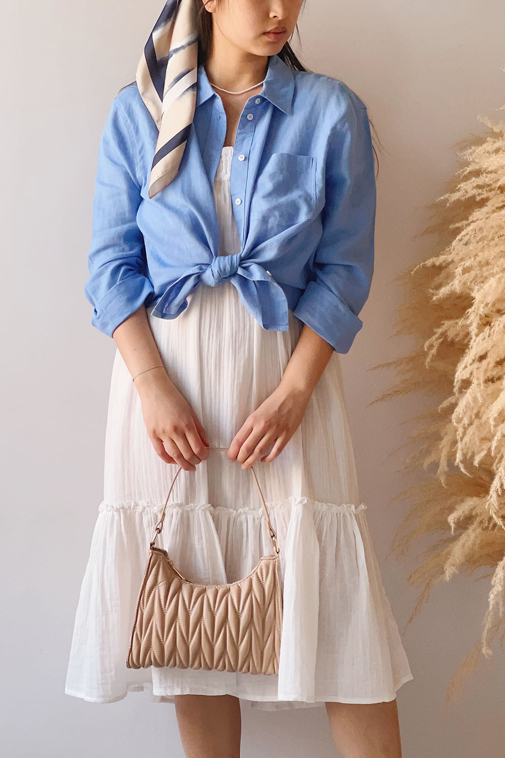 Musigen Blue Oversized Linen Shirt | La petite garçonne on model