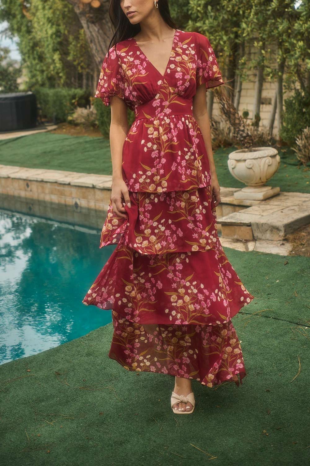Ginna Tiered Burgundy Maxi Dress with Floral Pattern | Boutique 1861 model