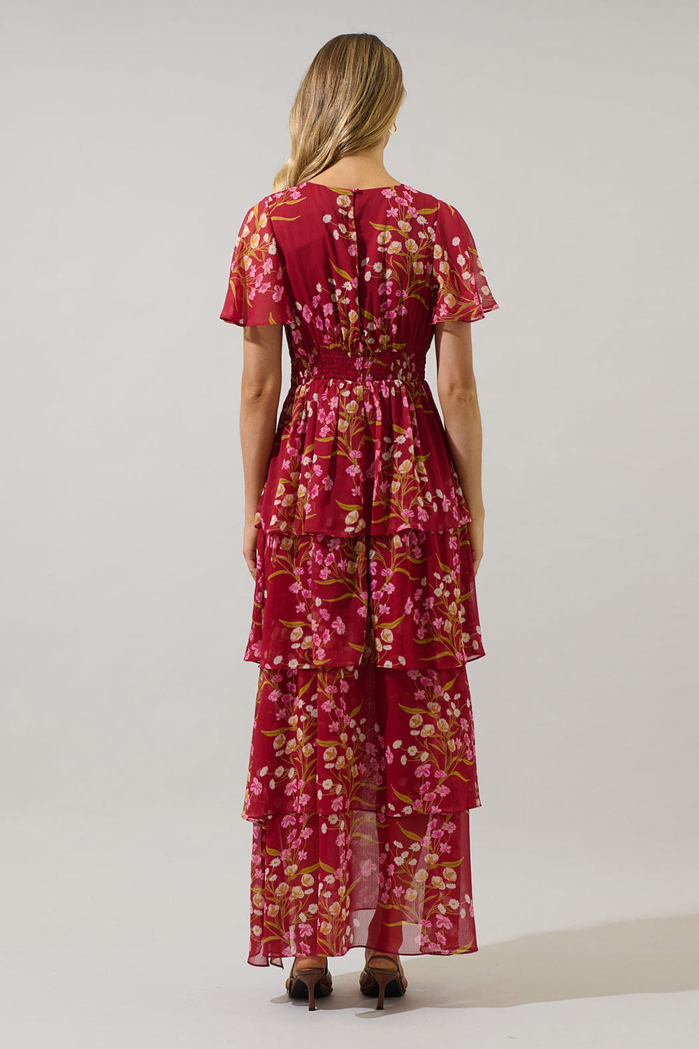 Ginna Tiered Burgundy Maxi Dress with Floral Pattern | Boutique 1861 back model