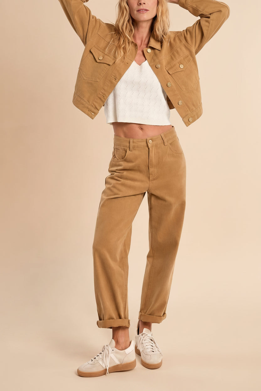 woman wearing Guntur Straight Leg Caramel Denim Pants at la petite garçonne
