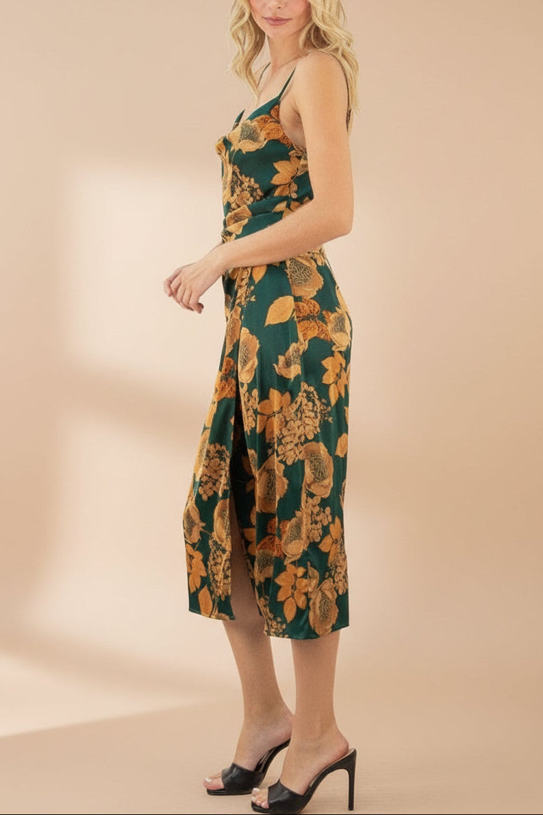 Hinaya Green Floral Cowl Neck Satin Midi Slip Dress | Boutique 1861side model