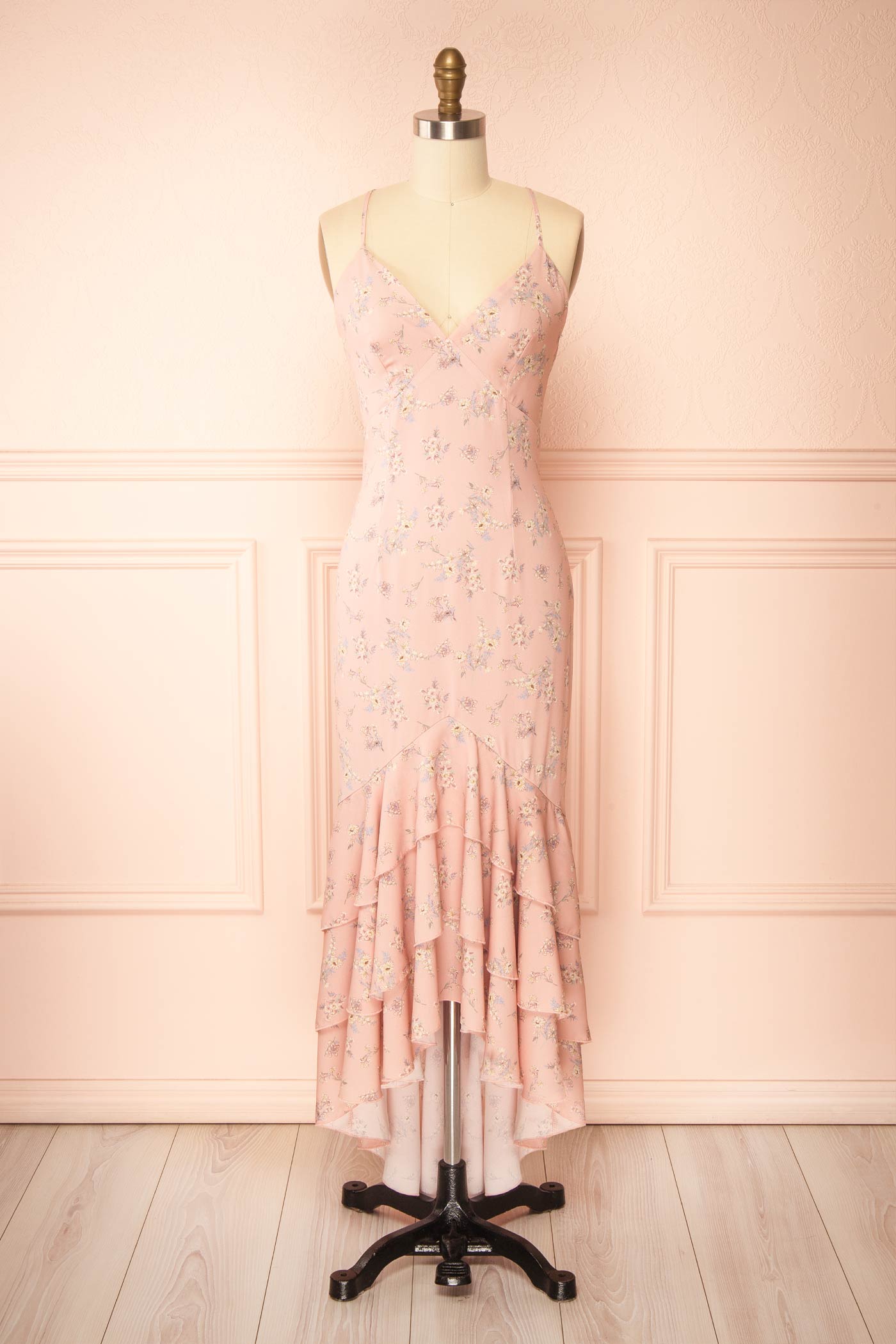 Gastelle Pink Floral Ruffled Maxi Dress with Open Back | Boutique 1861 front view
