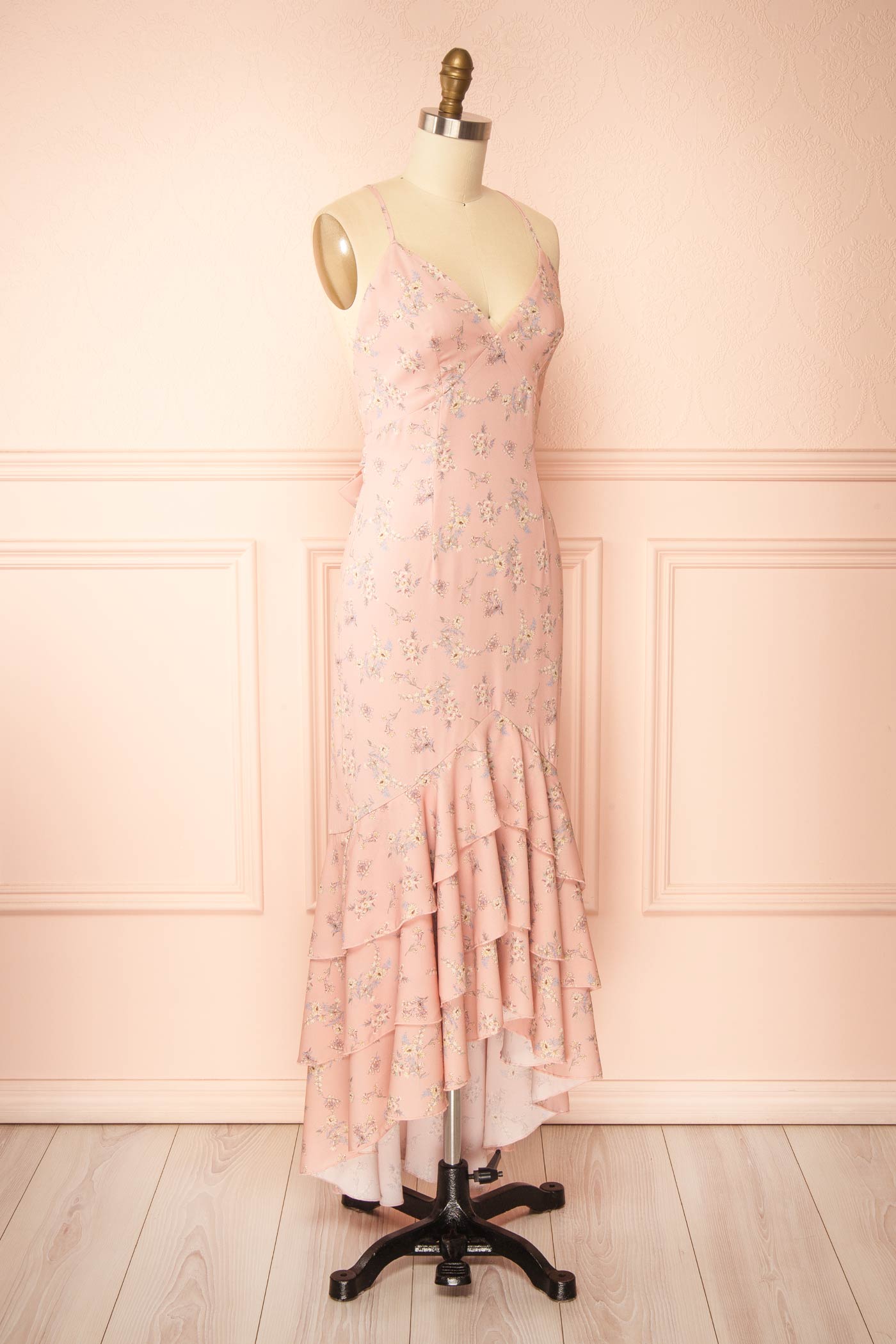 Gastelle Pink Floral Ruffled Maxi Dress with Open Back | Boutique 1861 side view