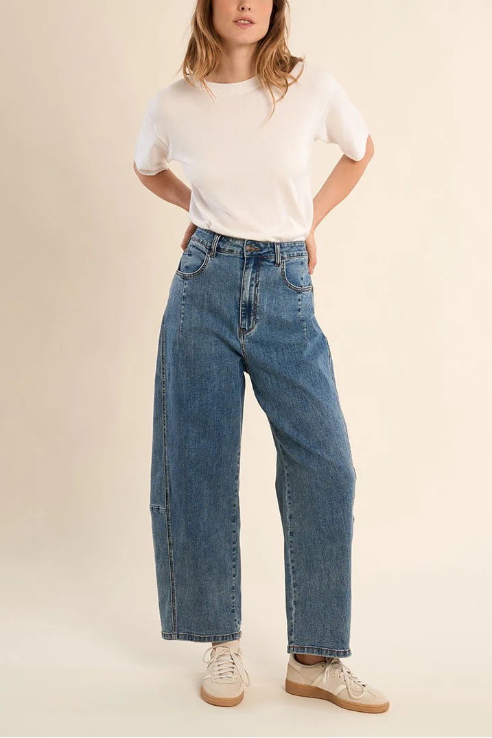 woman wearing Hathras Blue Demin Barrel Pants at la petite garçonne