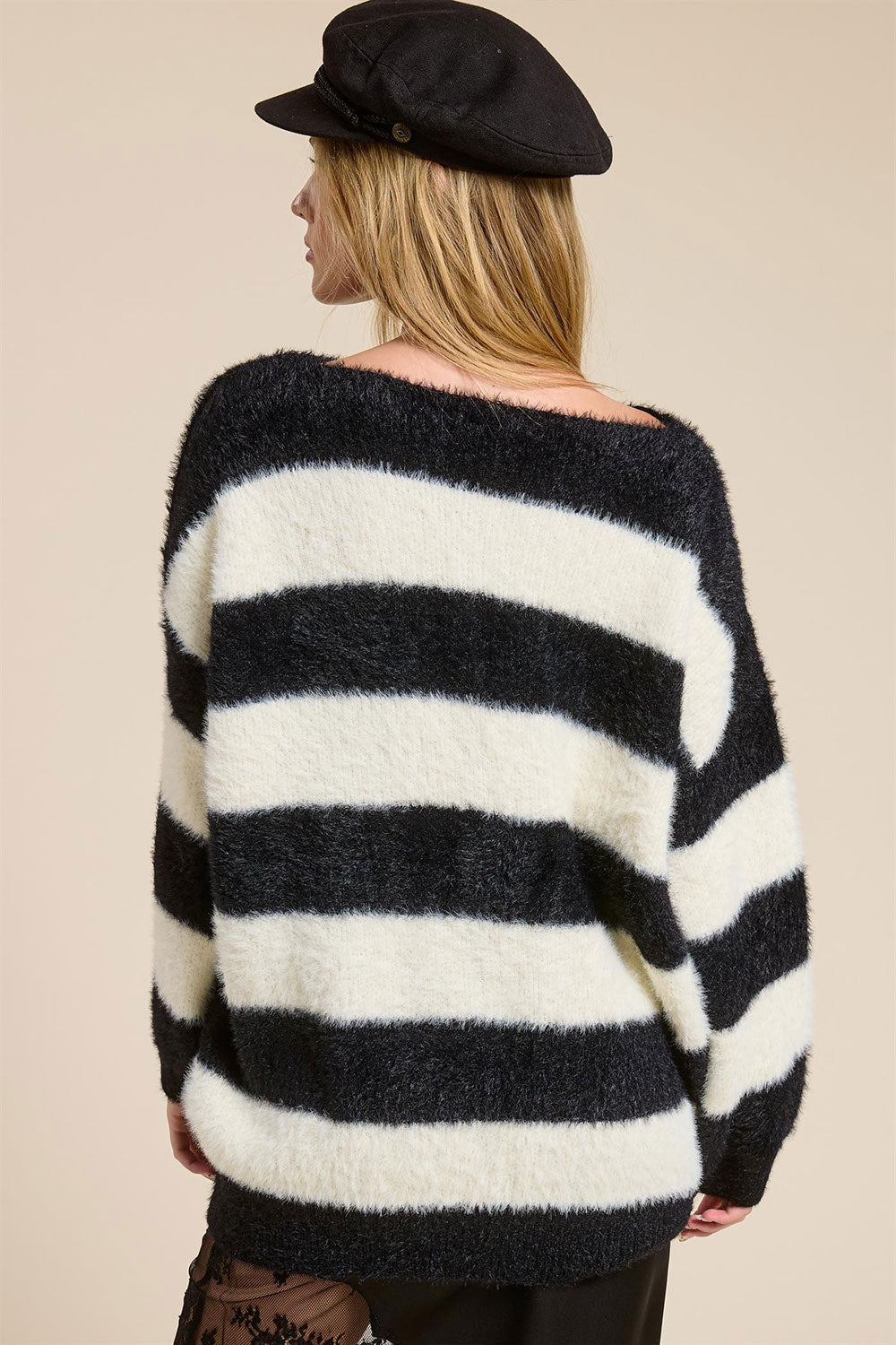 Person wearing Hardin Black Oversized Striped Fluffy Sweater from La petite garçonne back