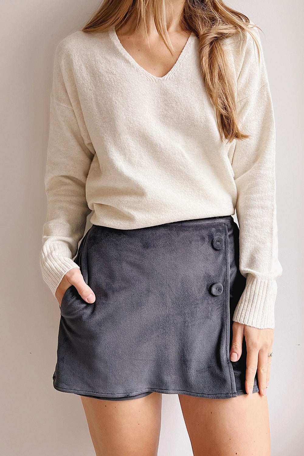 Majuro Dark Grey Velvet Skort | La petite garçonne on model