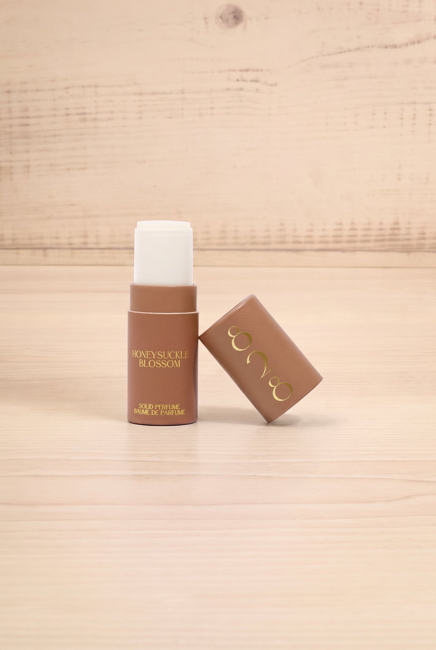 Front view of the Honeysuckle Blossom solid perfume by 828 Aroma open, handmade in Canada and available at Maison Garçonne.
