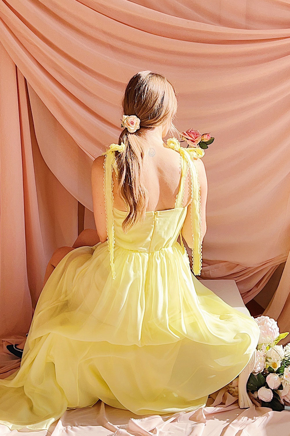 Indya Yellow Organza Maxi Dress w/ Tie Straps | Boutique 1861 back view on model