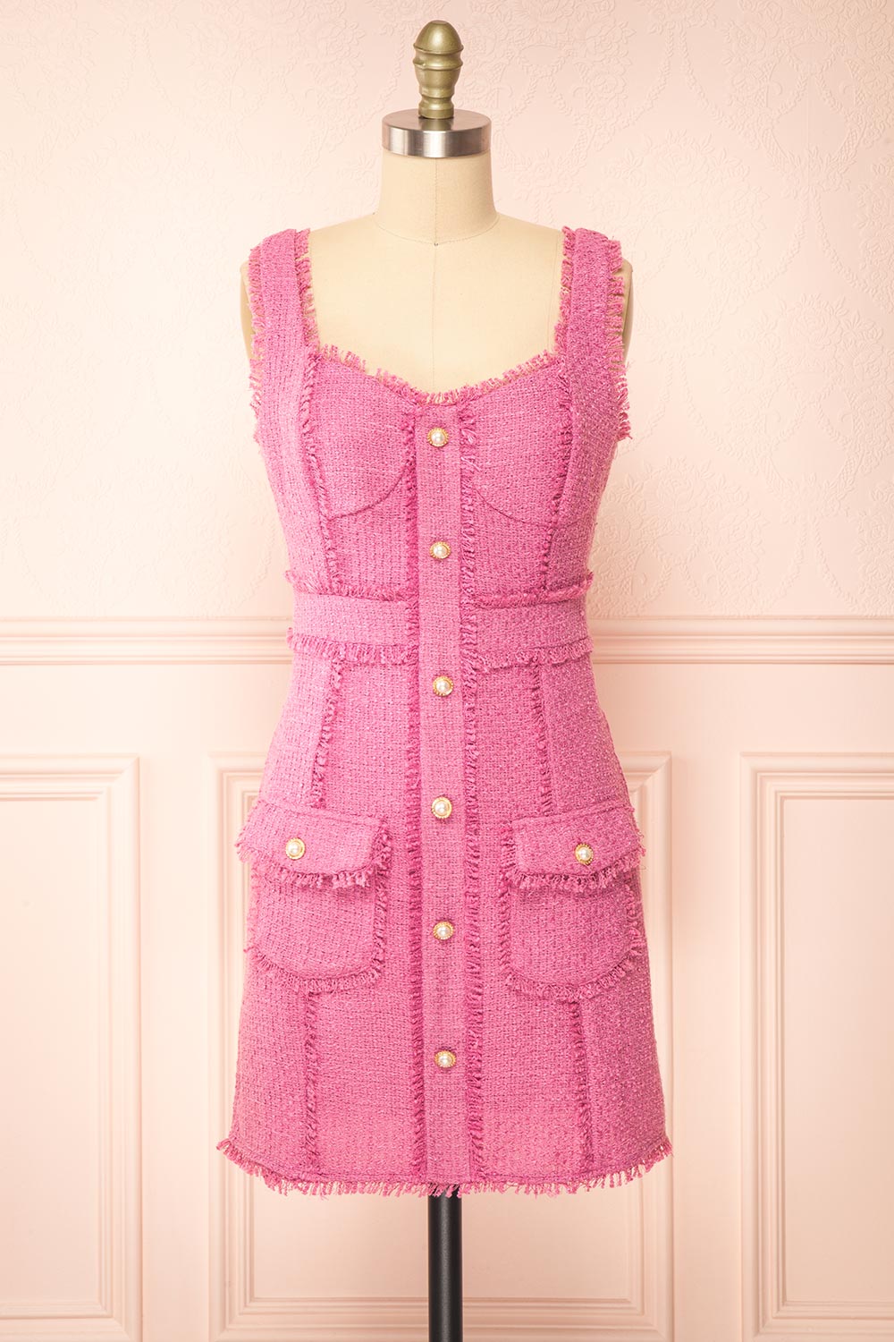 Ismay Pink Tweed Fitted Dress w/ Pearl Buttons | Boutique 1861