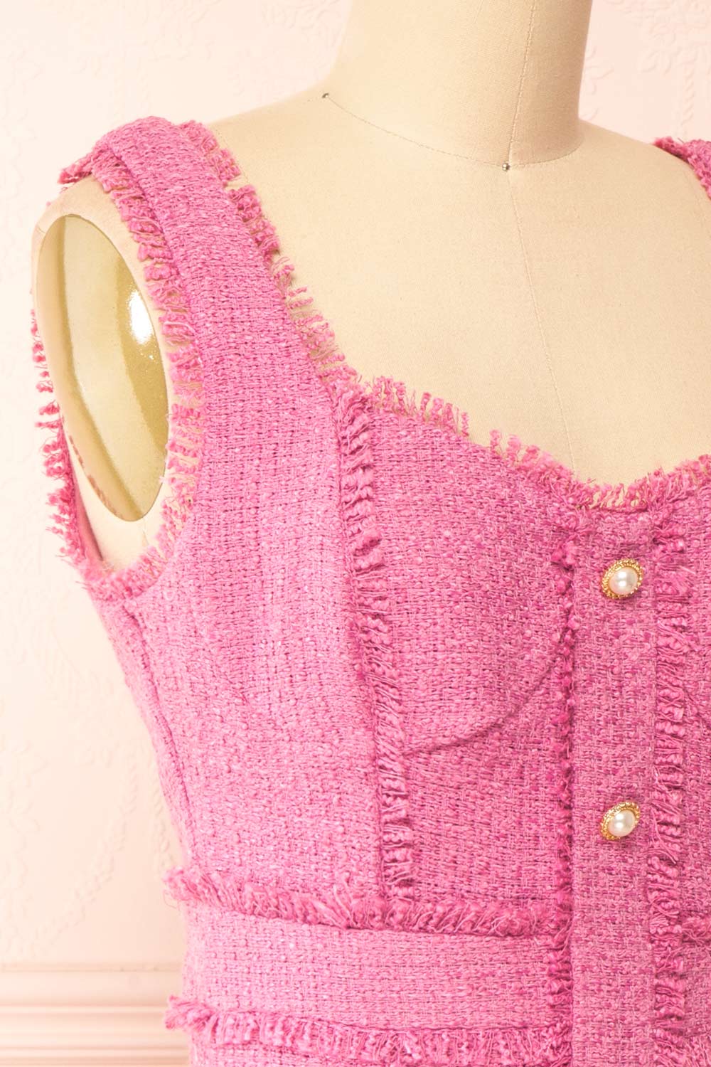 Ismay Pink Tweed Dress w/ Pearl Buttons | Boutique 1861 side close-up