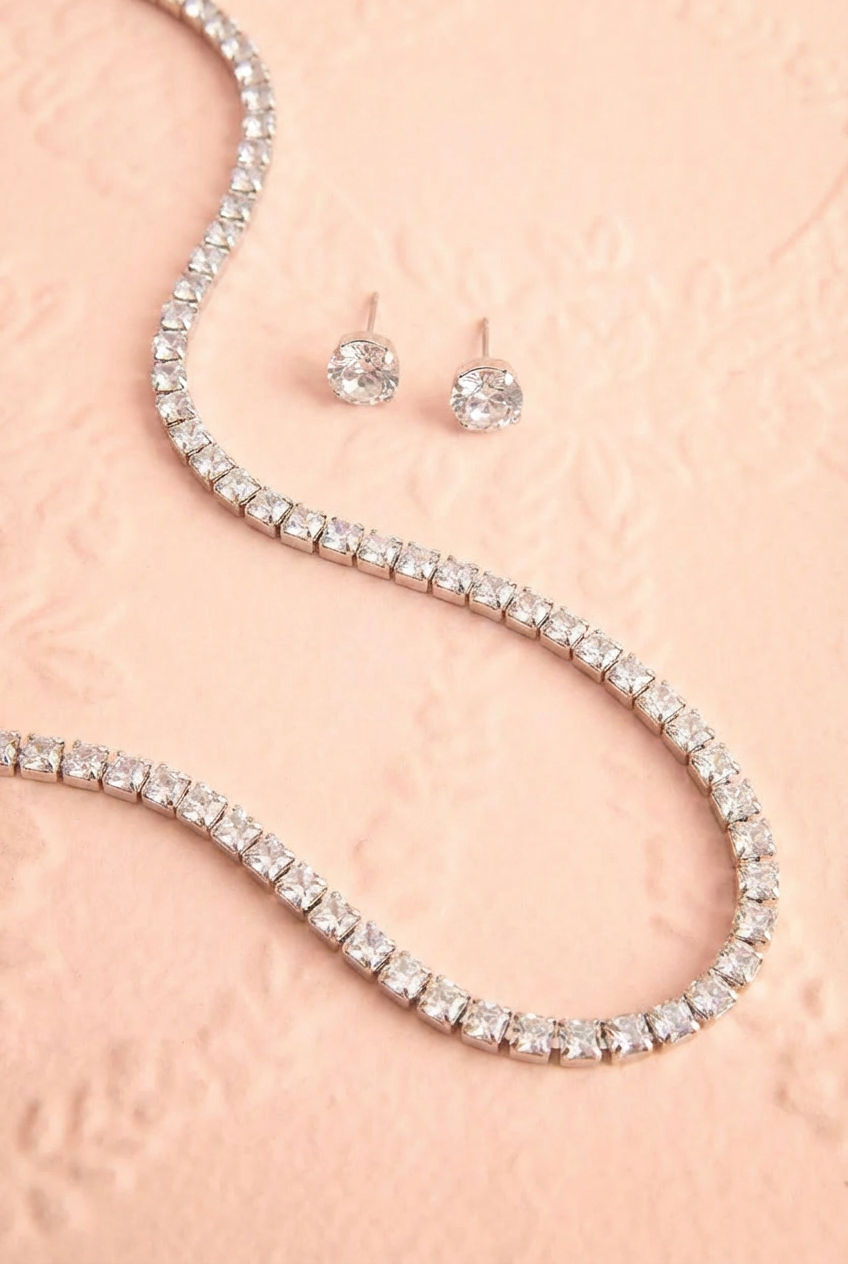 Top shot of a Cubic Crystal Linked earrings and a matching necklace called Jawad from boutique 1861.
